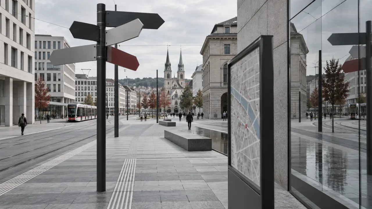 Carte graphique d'une ville européenne mêlant architecture moderne, lignes de transport et repères urbains