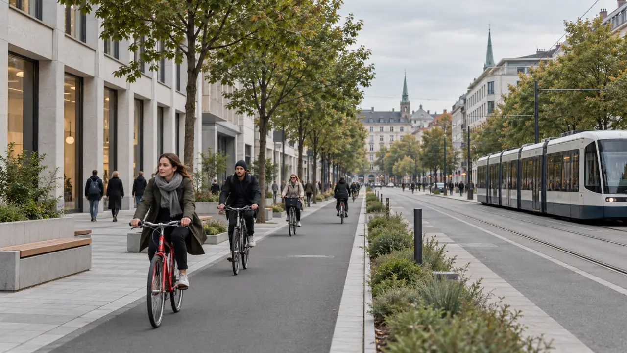 Cyclistes circulant dans une rue européenne réaménagée, entre architecture moderne et végétation