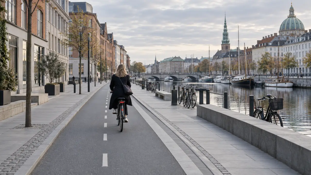 Piste cyclable traversant Copenhague au milieu d'une architecture contemporaine