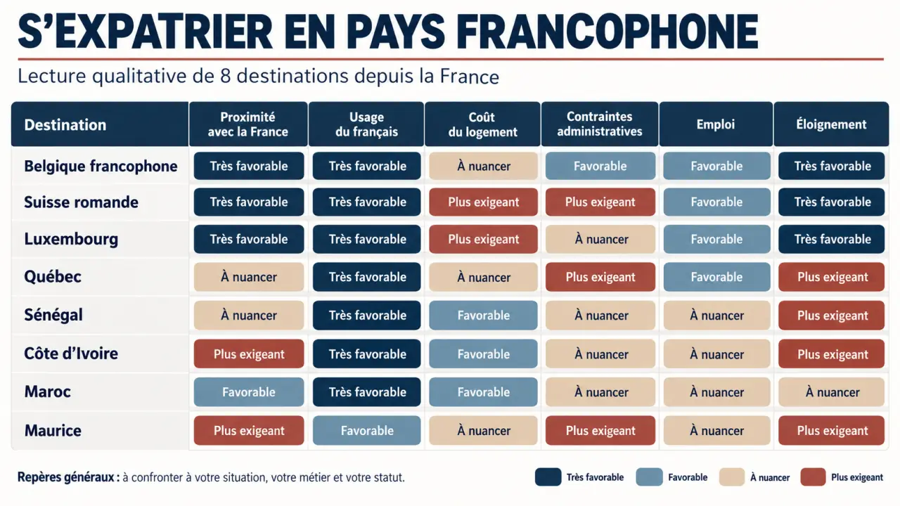 Visualisation comparative pour s'expatrier dans un pays francophone selon la langue, le coût, l'emploi et les démarches