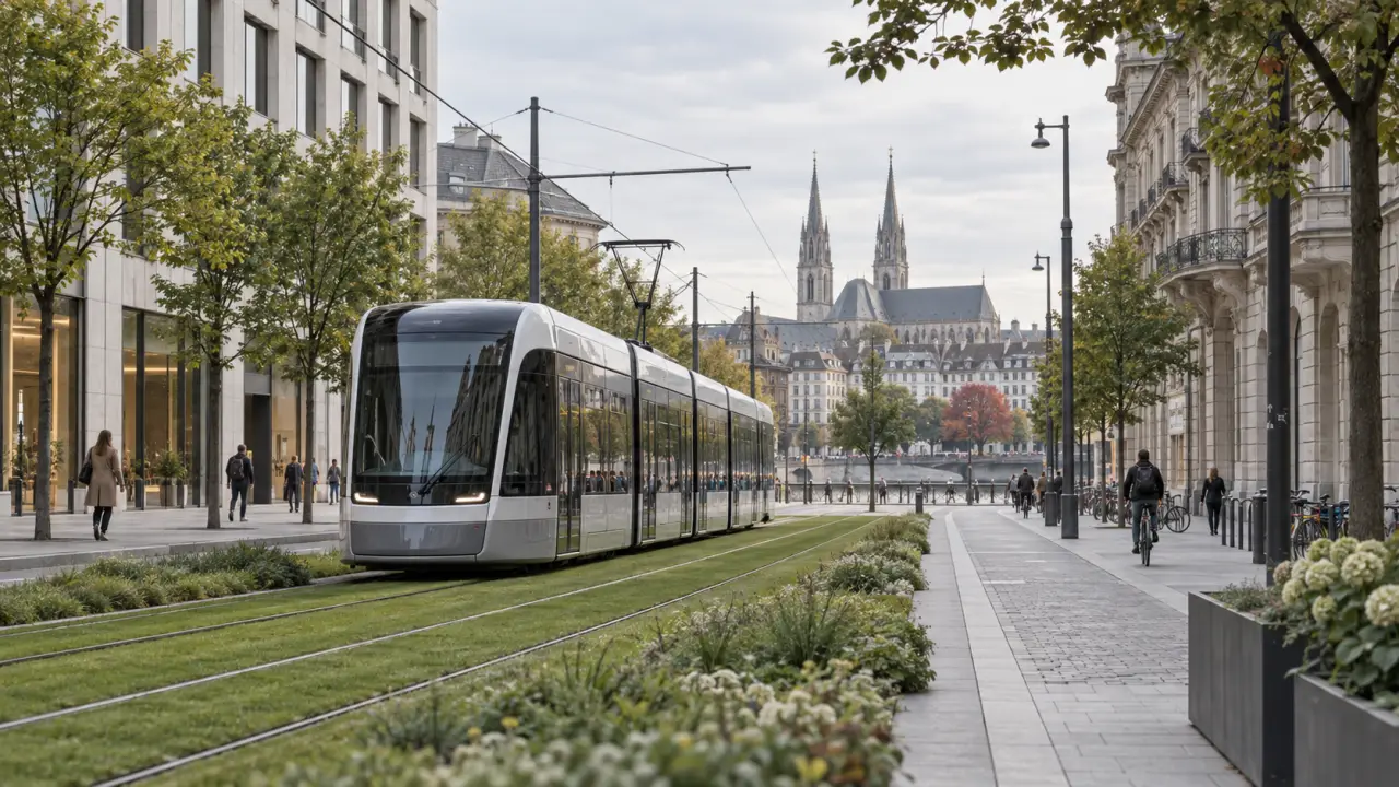 Tramway moderne circulant dans une grande ville européenne