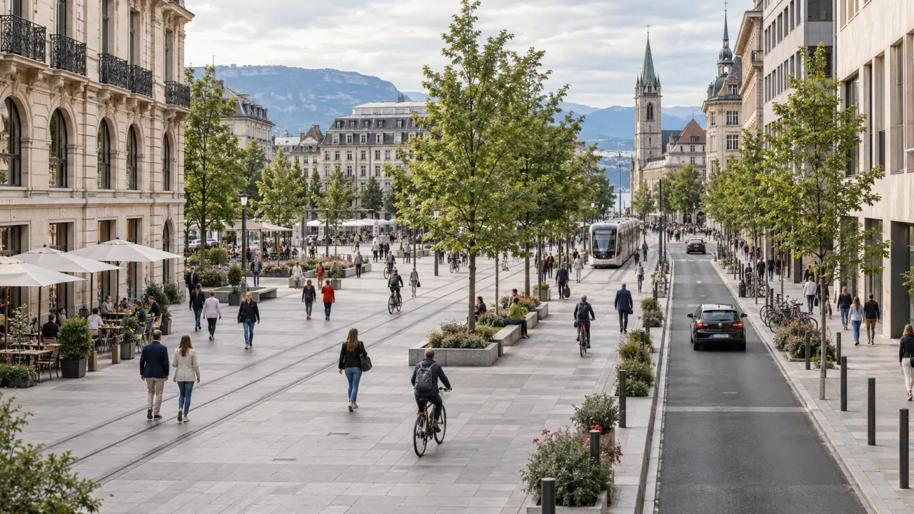 Rue centrale européenne réaménagée pour les piétons, entre architecture historique et mobilier urbain contemporain