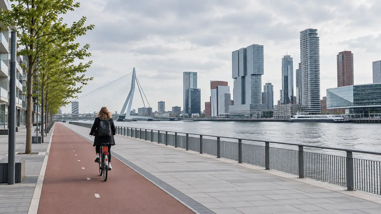 Cycliste circulant dans Rotterdam devant une architecture moderne