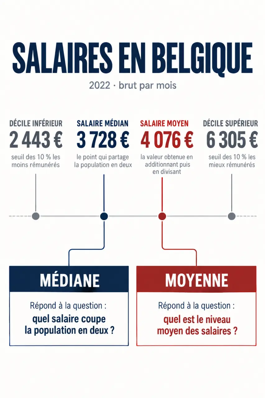 Infographie du salaire moyen belge, du salaire médian et des déciles en 2022