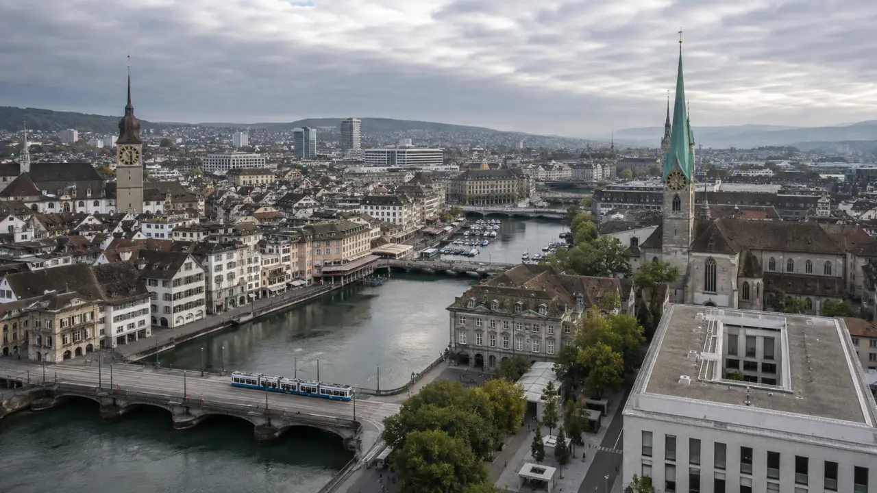 Architecture moderne à Zurich, béton et verre, composition géométrique au style international suisse