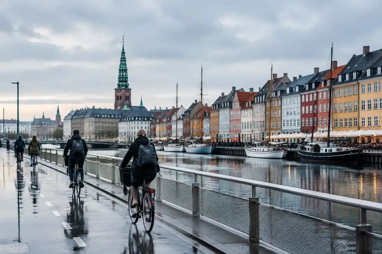 Cycliste dans une rue de Copenhague sous une lumière nordique