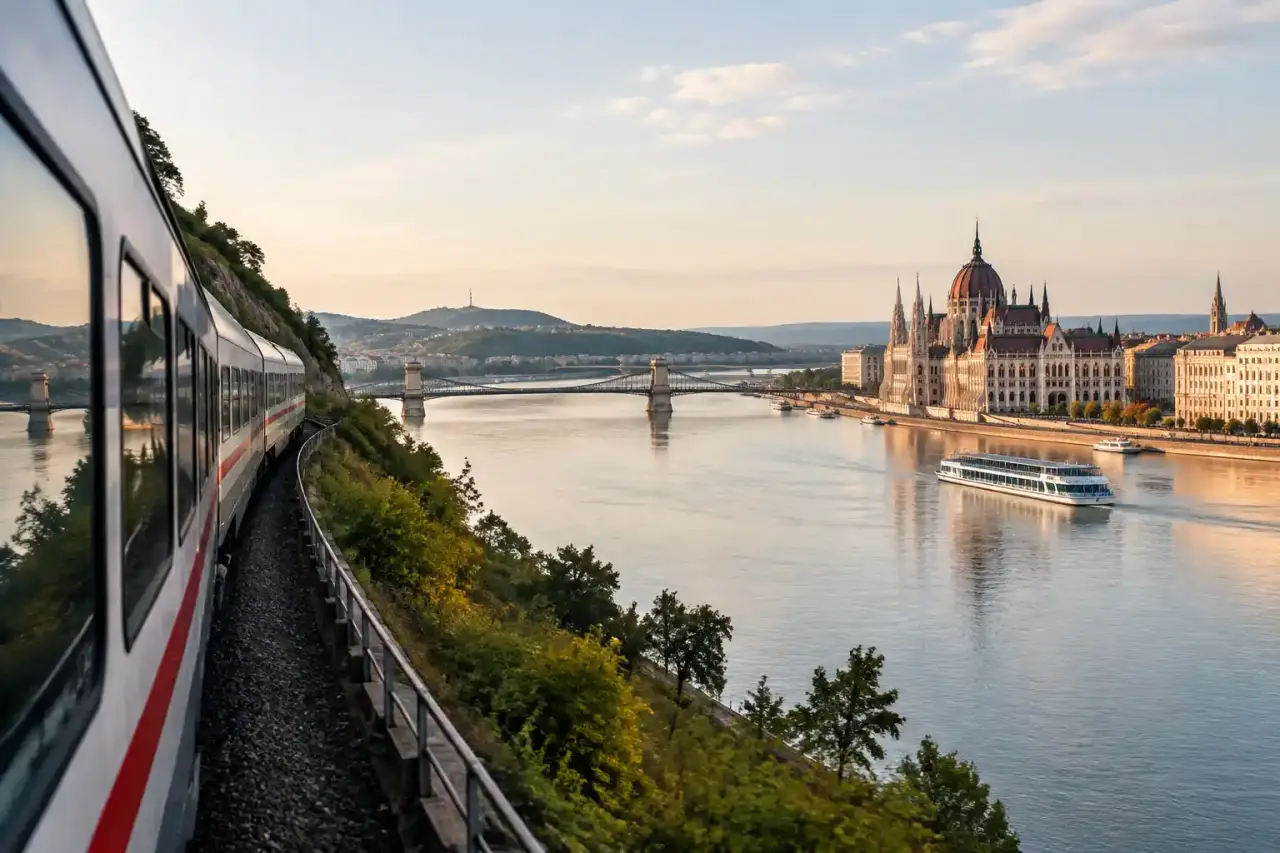 Train longeant le Danube entre plusieurs villes européennes