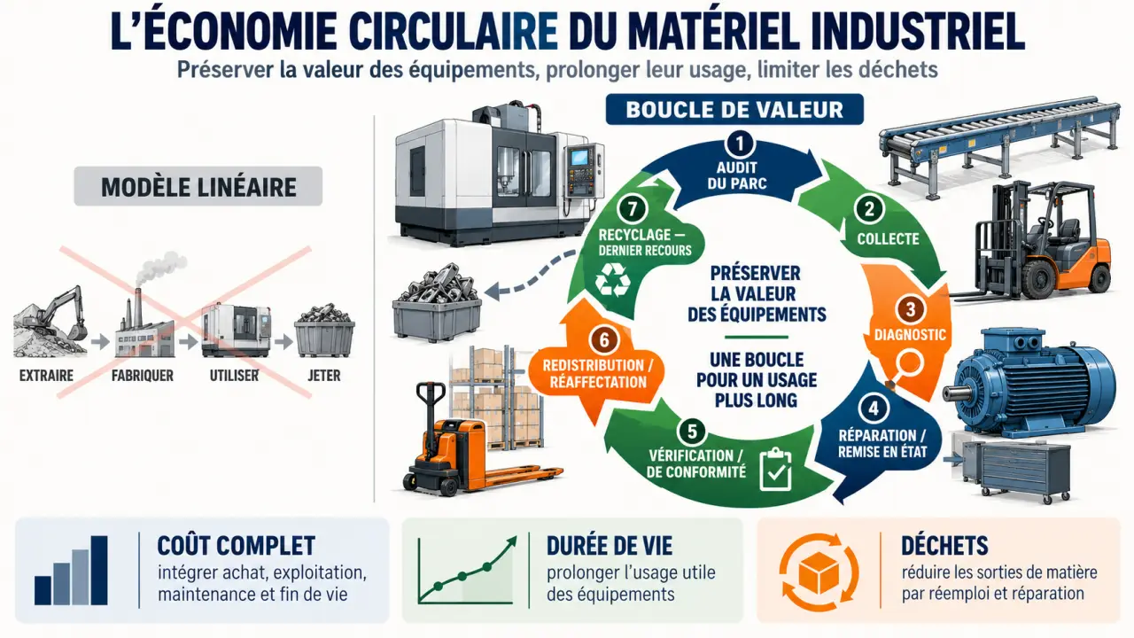 Infographie sur l’économie circulaire du matériel industriel et les étapes du réemploi à la remise en état