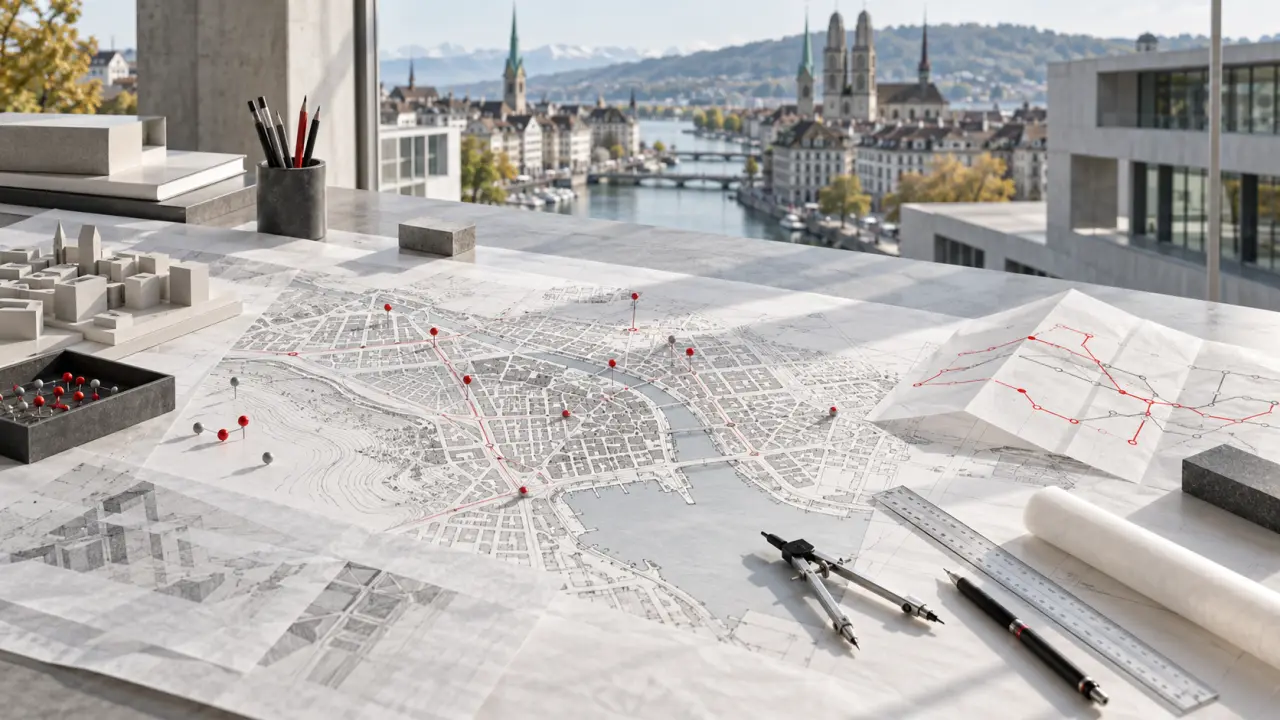 Carte graphique d'une ville européenne entre architecture, rues et réseaux de transport