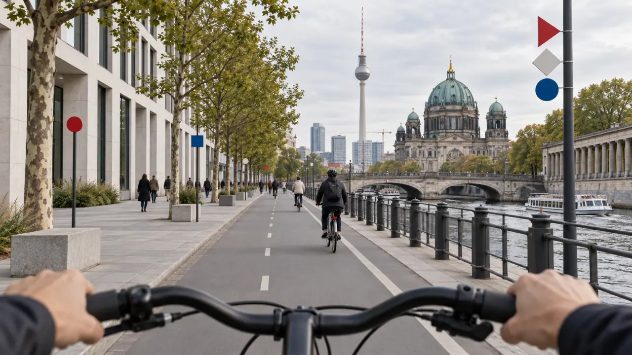 Architecture berlinoise observée depuis une piste cyclable