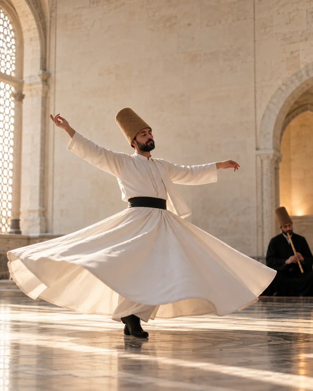 Derviche tourneur Istanbul pendant une cérémonie de sema dans un lieu historique
