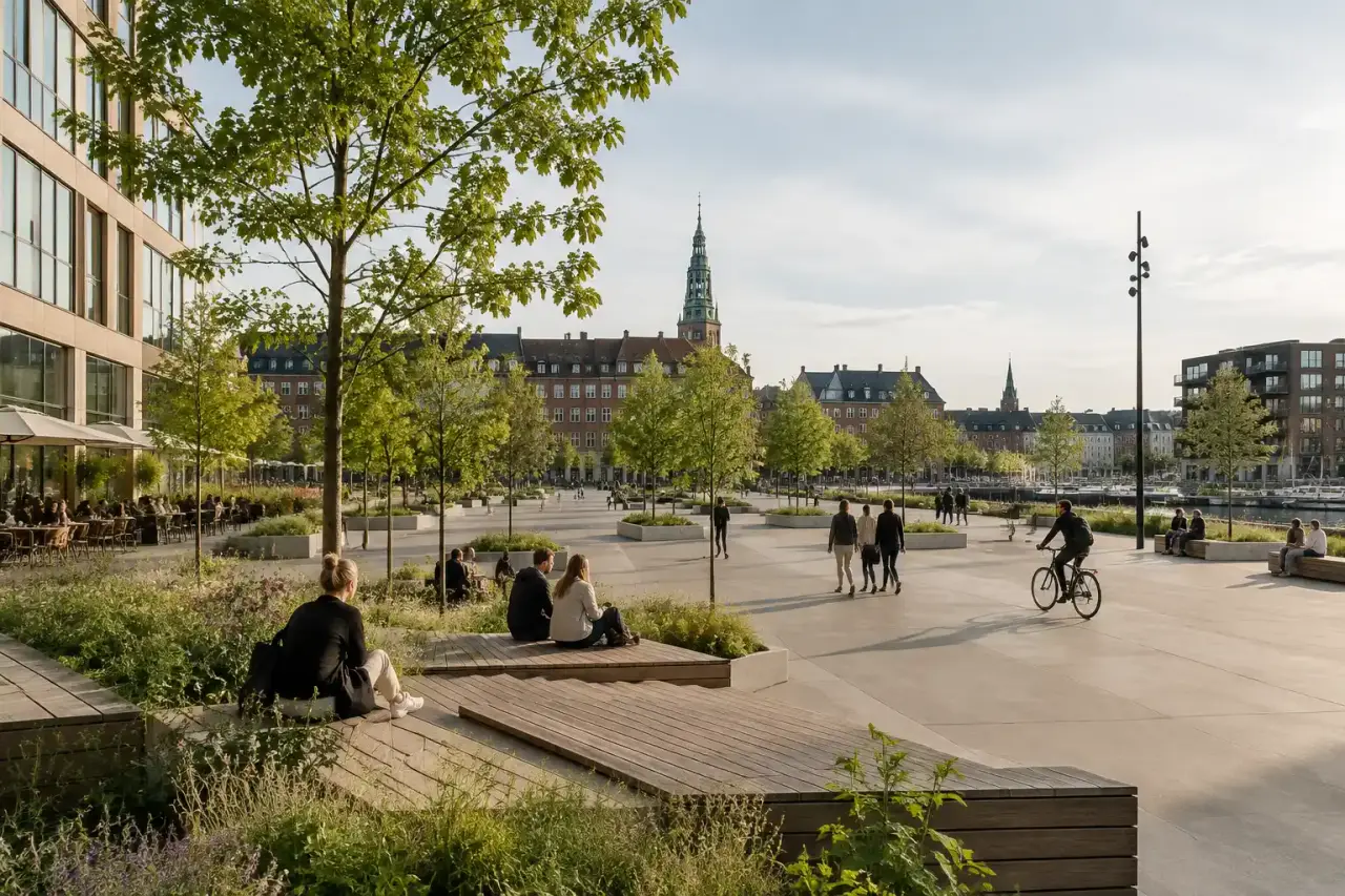 Place publique contemporaine à Copenhague, aménagée à la place d'un ancien parking